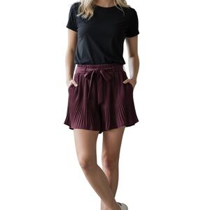 SHE+SKY Pleated Wine Satin Tie-Waist Shorts